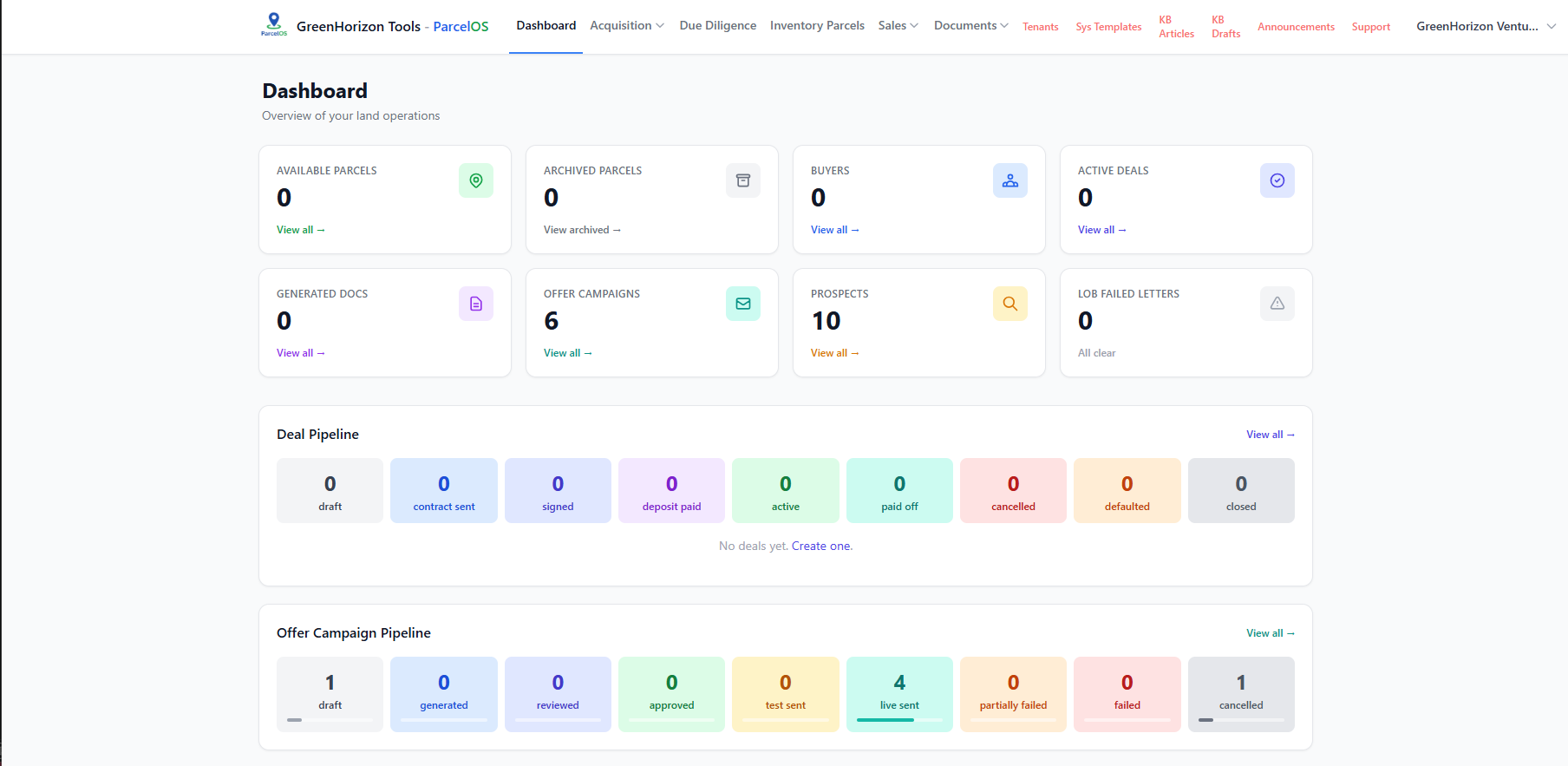 ParcelOS dashboard preview showing acquisition pipeline metrics